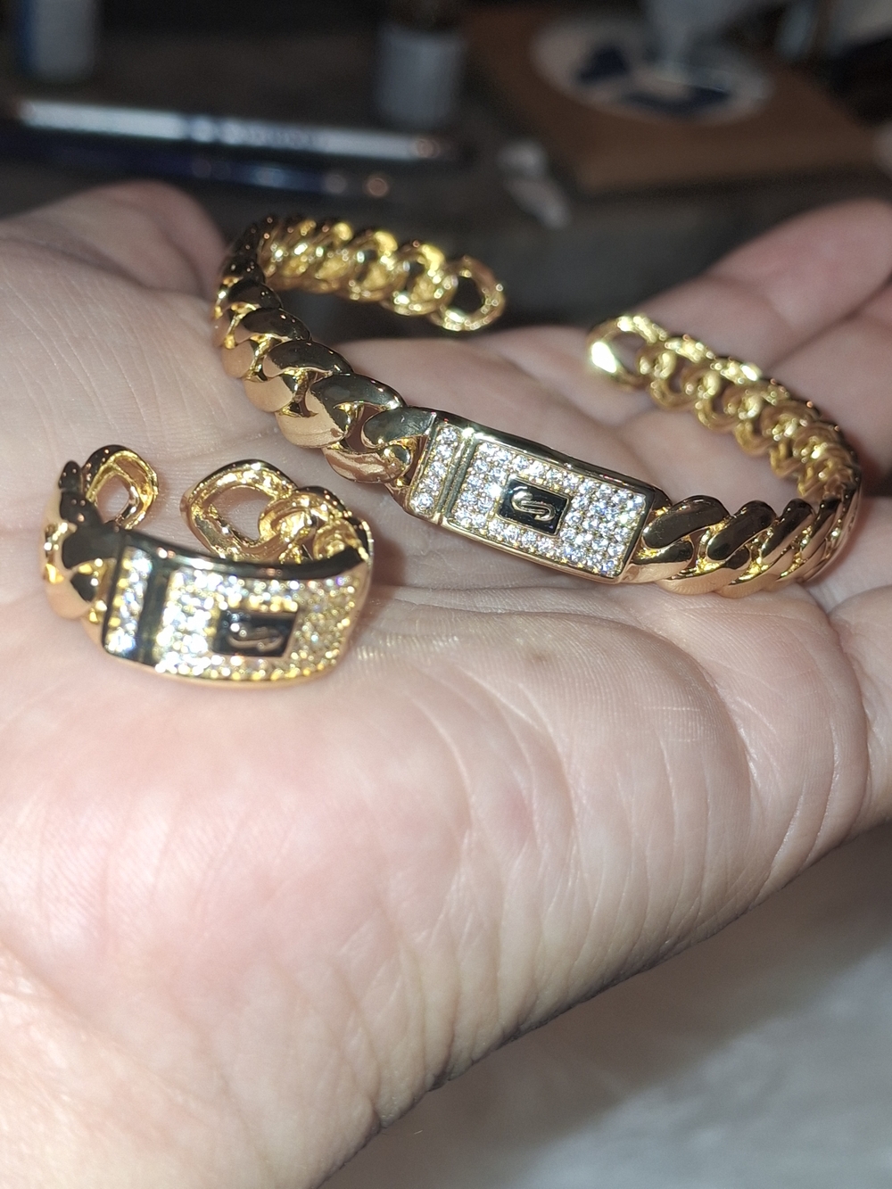 Gold Tone Pave Cuban Link Bracelet and Ring Set